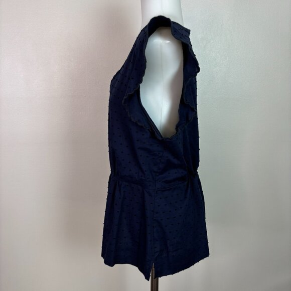 J. Crew Top 12 Navy Blue Swiss Dot Peplum Flutter Sleeve Scalloped V-Neck Blouse - Picture 4 of 11